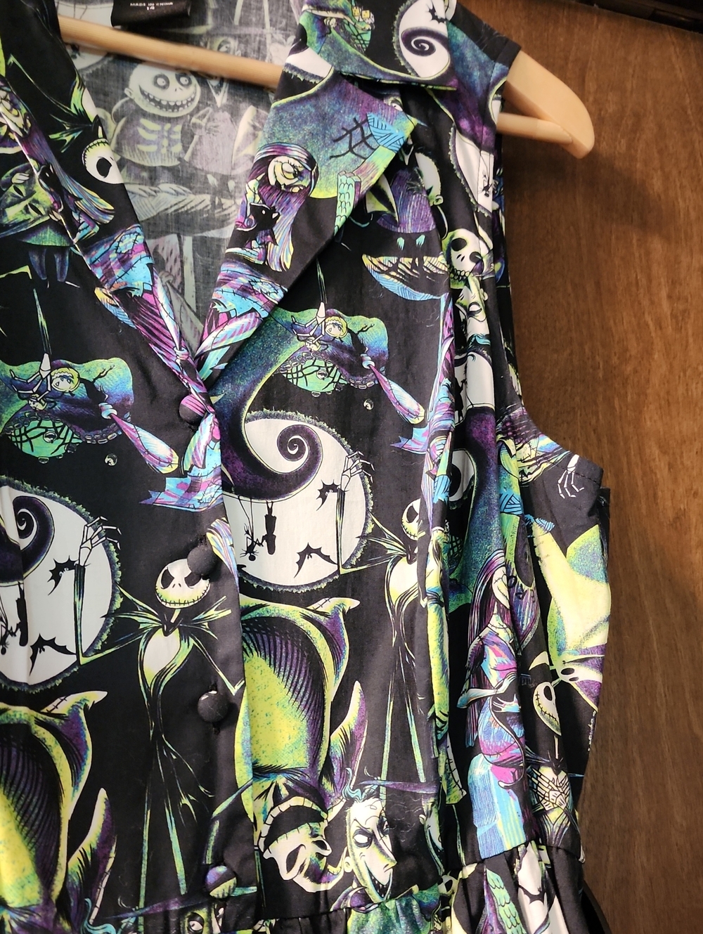 Disney Size 14 Black Dress with Neon Purple, Green and Teal Nightmare Print